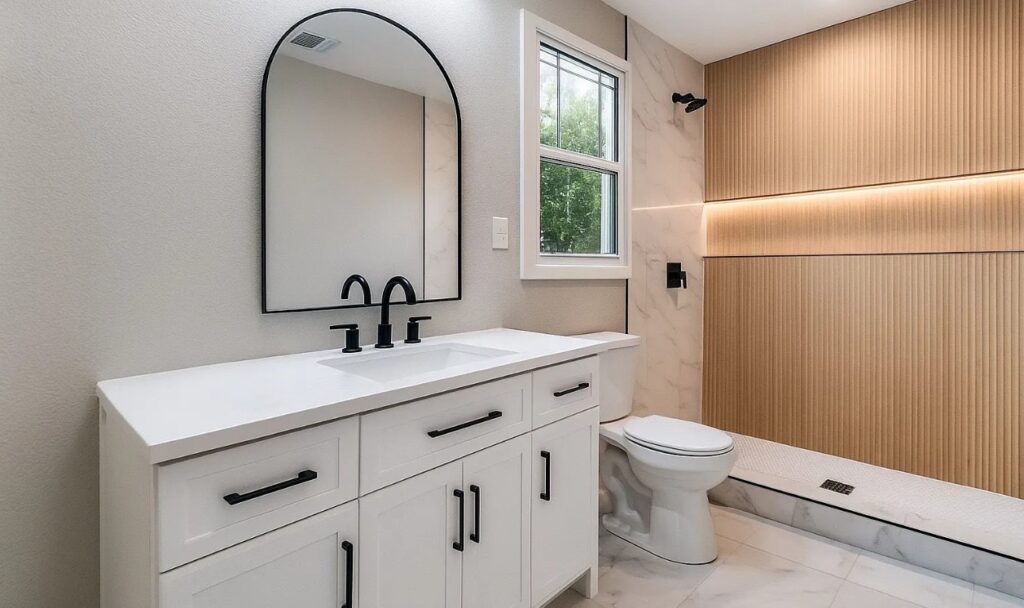 Bathroom remodel with white vanity, arched mirror and wood-slat shower wall